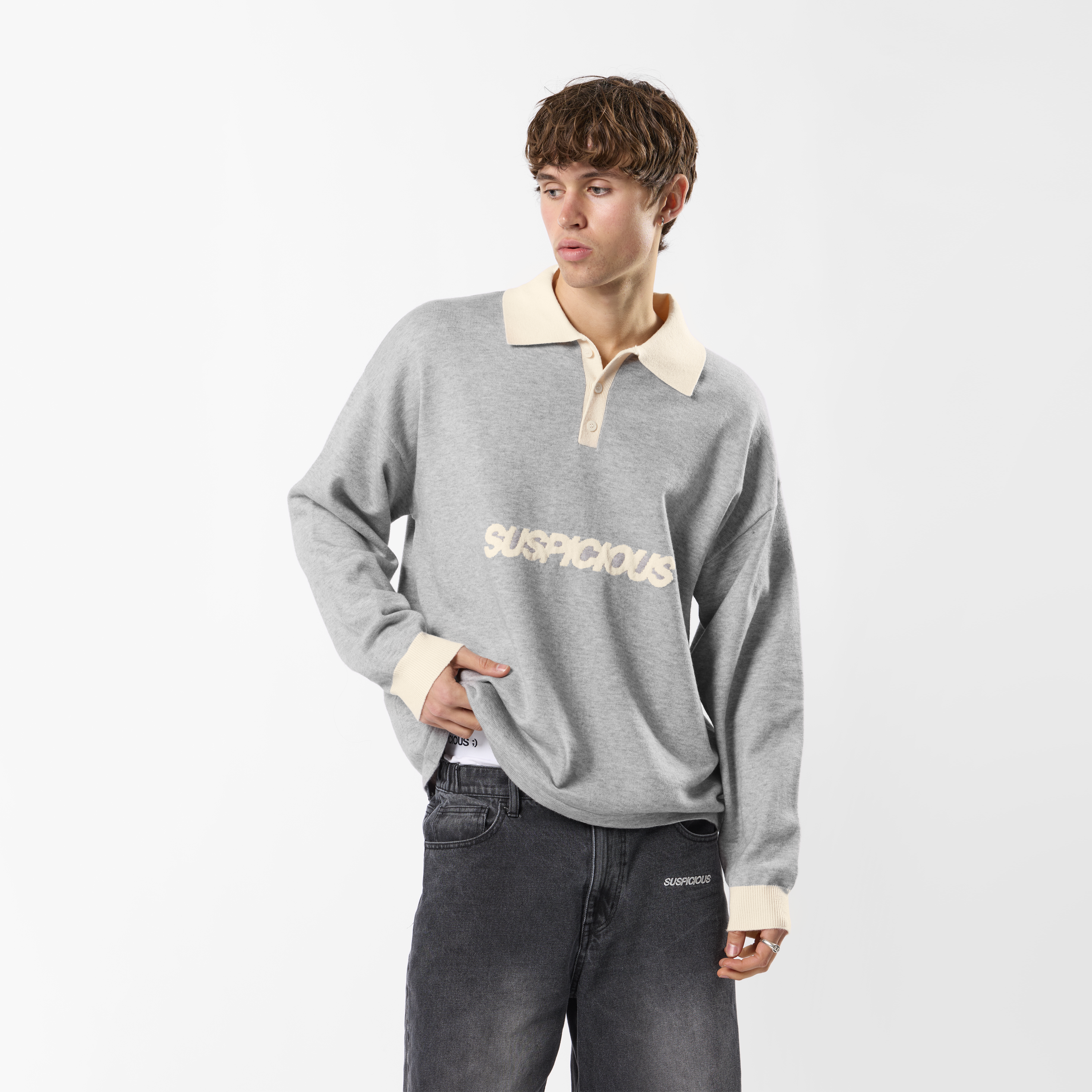 Suspicious Antwerp Winter3 / Icon Knitted Longsleeve Polo - Neutral Heather