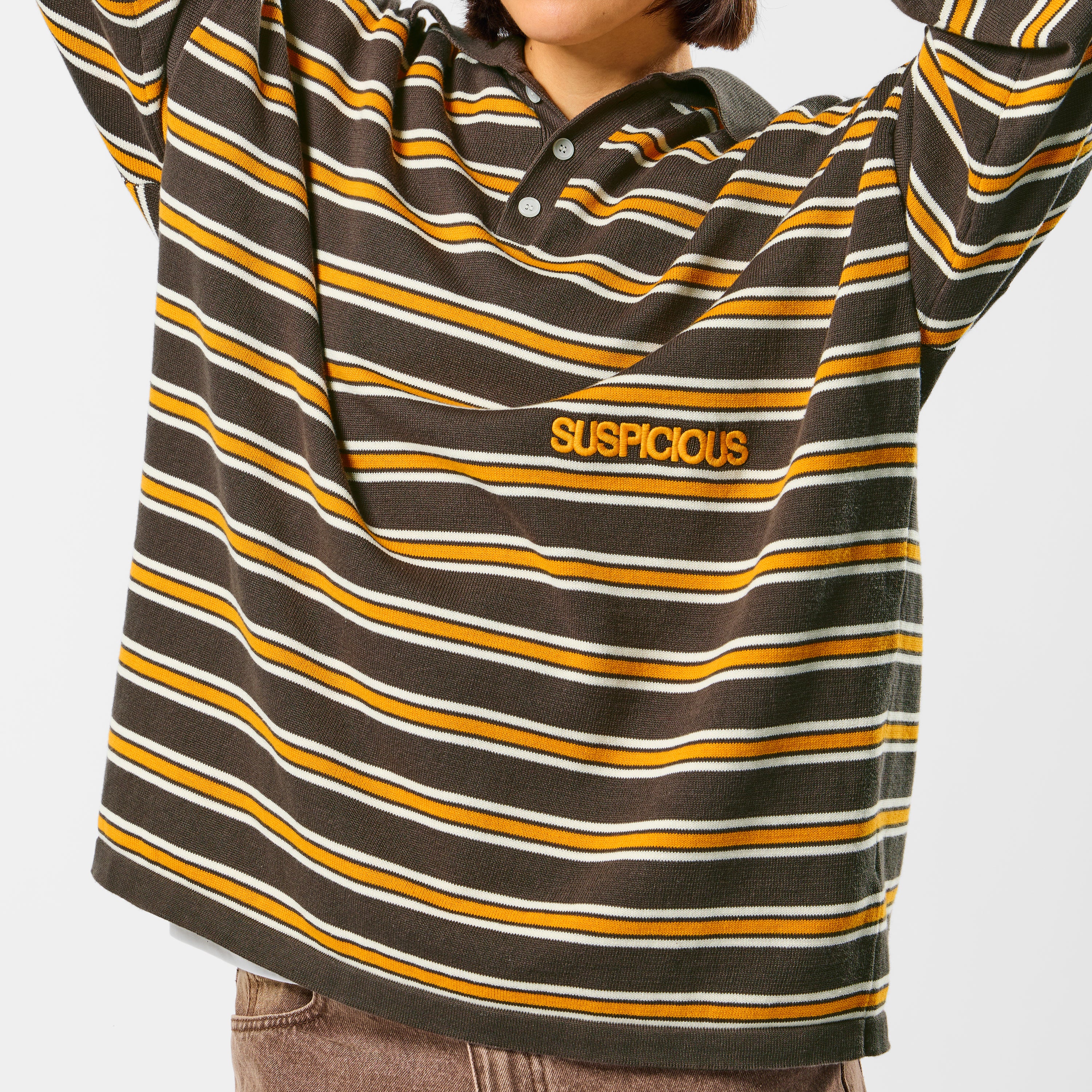 Suspicious Antwerp Softground / Striped Cotton Knitted Polo - Dark Armory & Orange